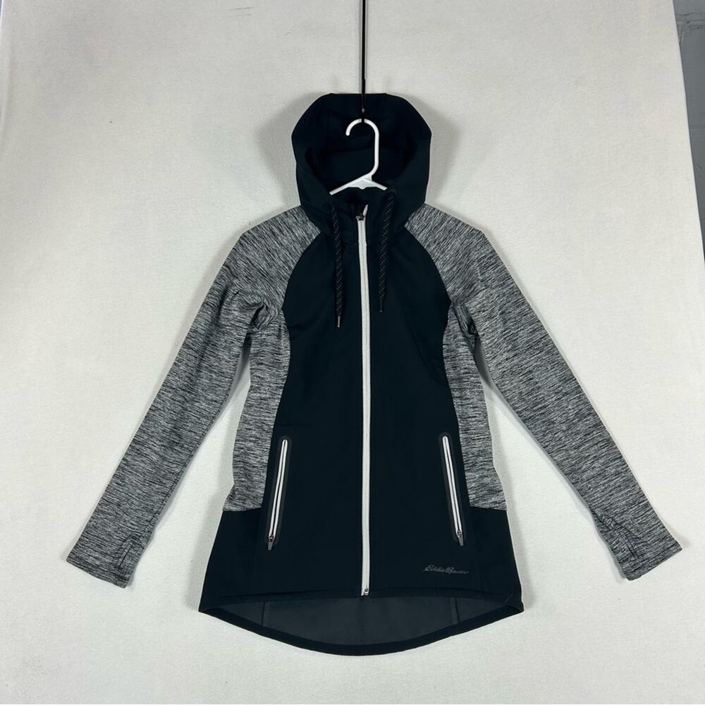 Eddie Bauer Black Gray Athletic Jacket Women’s S Small Hooded Thumb holes Light